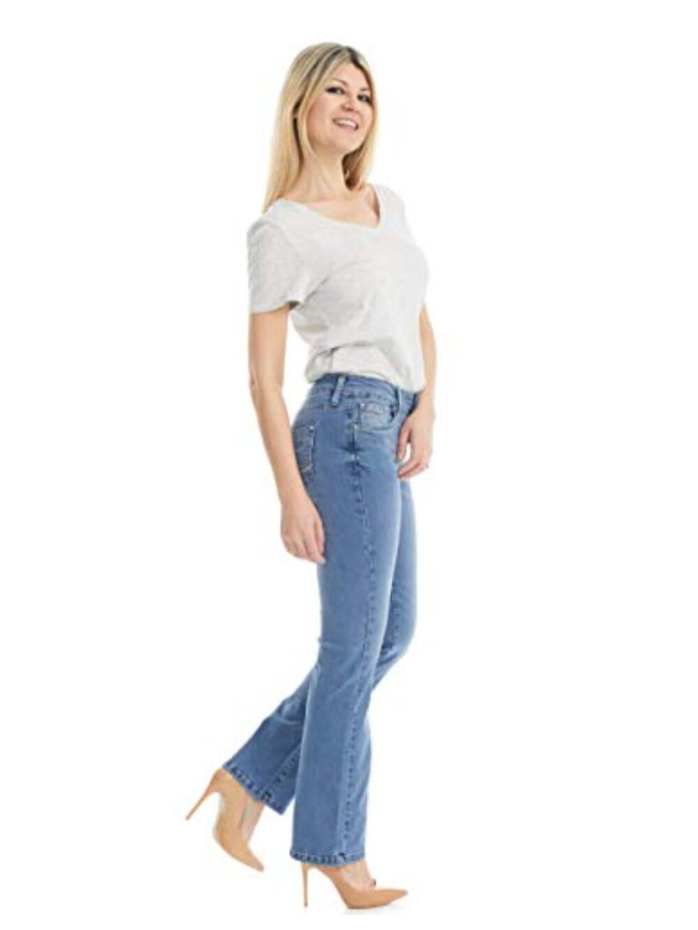 Mid Rise Boot Cut Jeans Stretch Cotton Blend Rhinestone Embroidered Pockets - Picture 2 of 6